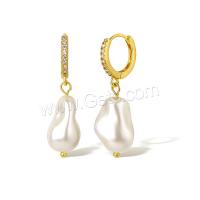 Cubic Zirconia Micro Pave Brass Earring, with Glass Pearl, real gold plated, micro pave cubic zirconia & for woman, gold 