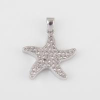 Cubic Zirconia Brass Pendants, with Cubic Zirconia, Starfish, silver color plated, DIY 