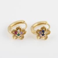 Cubic Zircon Brass Earring, with Cubic Zirconia, Flower, gold color plated, for woman 