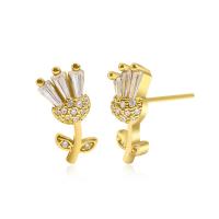 Cubic Zirconia Micro Pave Brass Earring, Flower, real gold plated, micro pave cubic zirconia & for woman, golden 