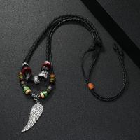 Waxed Nylon Cord Necklace, Zinc Alloy, with leather cord & Wax Cord & Hematite & Wood, Wing Shape, handmade, Double Layer & fashion jewelry & for man Approx 40-60 cm 