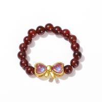 Natural Garnet Bracelet, with White Shell & Brass, Bowknot, gold color plated & for woman & with rhinestone, 3mm, US Ring 