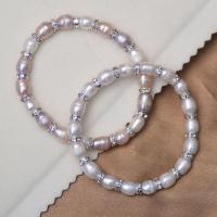 Cultured Freshwater Pearl Brass Bracelet, with Brass, Rice, micro pave rhinestone & for woman Approx 18 cm [