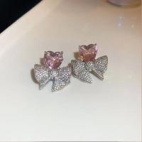 Cubic Zircon (CZ) Stud Earring, Zinc Alloy, Bowknot, silver color plated, fashion jewelry & micro pave cubic zirconia & for woman 