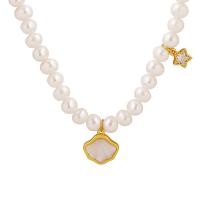 Freshwater Pearl Brass Necklace, with Freshwater Shell & Freshwater Pearl, with 5cm extender chain, gold color plated, fashion jewelry & micro pave cubic zirconia & for woman, two different colored cm 