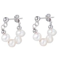 Sterling Silver Huggie Hoop Earring, 925 Sterling Silver, with Plastic Pearl, plated, for woman, platinum color 