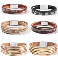 PU Leather Cord Bracelets, with Copper, plated, multilayer & for woman & with rhinestone Approx 7.9 Inch 