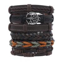 Wrap Bracelets, PU Leather, with Wax Cord & Zinc Alloy, handmade, 6 pieces & vintage & adjustable & for man, brown Approx 18-23 cm 