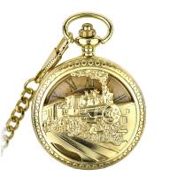 Pocket Watch, Zinc Alloy, with Rubber, Train, gold color plated, Life water resistant & embossed & Unisex & stem-winder & hollow Approx 14.8 Inch 