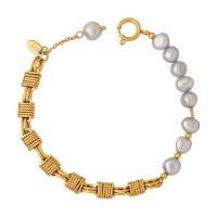 Cultured Freshwater Pearl Brass Bracelet, with Freshwater Pearl, with 0.87inch extender chain, gold color plated, fashion jewelry & for woman, golden Approx 7.09 Inch [