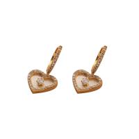 Cubic Zirconia Micro Pave Brass Earring, with White Shell, Heart, plated, micro pave cubic zirconia & for woman, golden 