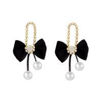 Plastic Pearl Zinc Alloy Earring, with Lace & Plastic Pearl, Bowknot, gold color plated, for woman & with rhinestone 