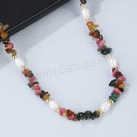 Gemstone Freshwater Pearl Necklace, Tourmaline, with Freshwater Pearl & Brass, with 5CM extender chain, Baroque, for woman, mixed colors Approx 42 cm 