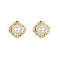 Brass Stud Earring, with Shell Pearl, plated, for woman & with rhinestone 11mm 