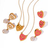 Enamel Stainless Steel Jewelry Sets, 304 Stainless Steel, with Plastic Pearl, Heart, Vacuum Ion Plating & for woman 