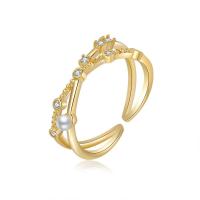 Cubic Zirconia Micro Pave Brass Finger Ring, with Plastic Pearl, real gold plated, fashion jewelry & micro pave cubic zirconia & for woman, Ring inner mm 