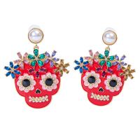 Zinc Alloy Drop Earring, with Plastic Pearl, Skull, plated, Halloween Jewelry Gift & for woman & enamel & with rhinestone 
