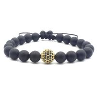 Black Agate Bracelets, with Brass, Round, gold color plated, adjustable & micro pave cubic zirconia, black, 10mm Approx 17.5-26 cm 