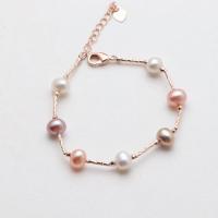 Cultured Freshwater Pearl Brass Bracelet, with Copper Alloy, Slightly Round, gold color plated, fashion jewelry & for woman, mixed colors, pearl length 6-7mm Approx 16-18 cm [