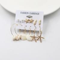 Plastic Pearl Zinc Alloy Earring, with Shell & Plastic Pearl, gold color plated, 6 pieces & Bohemian style & for woman, earring length 5-60mm 