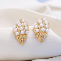 Zinc Alloy Stud Earring, with Plastic Pearl, Conch, gold color plated, fashion jewelry & for woman 