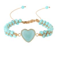 Bracelets en pierres précieuses, Amazonite, avec Cordon de noeud & turquoise synthétique & laiton, coeur, Placage de couleur d'or, Réglable & bijoux de mode & unisexe, bleu, 4mm, Vendu par PC[