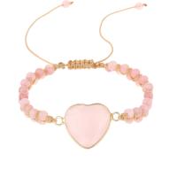 Quartz Bracelets, Rose Quartz, with Knot Cord & Brass, Heart, gold color plated, Adjustable & fashion jewelry & Unisex, pink Approx 16 cm 