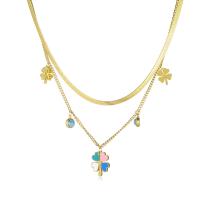 Stainless Steel Jewelry Necklace, 304 Stainless Steel, with turquoise, with 1.97inch extender chain, Four Leaf Clover, 18K gold plated, Double Layer & for woman & enamel, golden Approx 16.14 Inch, Approx 17.72 Inch [