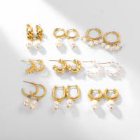 Boucle d'oreille goutte inox, Acier inoxydable 304, avec perle d'eau douce cultivée & perle de plastique, Plaqué or 18K, bijoux de mode & styles différents pour le choix & pour femme, doré, Vendu par paire[