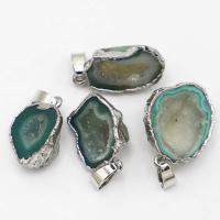 Ice Quartz Agate Pendants, with Brass, irregular, silver color plated, DIY, green, Length 15-25mm,Width 10-20mm,Hight 5-15mm [