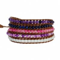 Wrap Bracelets, Natural Stone, with leather cord & Zinc Alloy, Round, silver color plated, fashion jewelry & multilayer & Unisex, mixed colors Approx 85 cm 