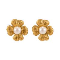Stainless Steel Stud Earring, 304 Stainless Steel, with Shell Pearl, petals, 18K gold plated, fashion jewelry & for woman, golden [