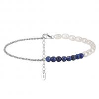 Fashion Jewelry Anklet, 925 Sterling Silver, with Lapis Lazuli & Freshwater Pearl, with 5CM extender chain, plated, for woman Approx 22 cm [