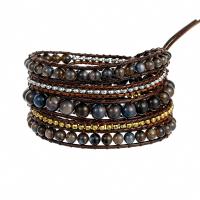 Wrap Bracelets, Natural Stone, with leather cord & Hematite & Zinc Alloy, Round, plated, fashion jewelry & multilayer & Unisex, mixed colors Approx 85 cm [