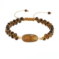 Tiger Eye Stone Bracelets, with Knot Cord & Brass, Flat Oval, gold color plated, Adjustable & fashion jewelry & Unisex, mixed colors [