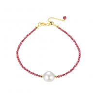 Sterling Silver Bracelets, 925 Sterling Silver, with Freshwater Pearl & Garnet, plated, for woman, red, Length 15-8CM 