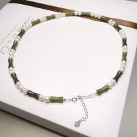 Gemstone Freshwater Pearl Necklace, 925 Sterling Silver, with Peridot Stone & Freshwater Pearl, with 6cm extender chain, fashion jewelry Approx 45 cm 