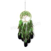 Fashion Dream Catcher, Feather, with Natural Gravel & leather cord & Plastic & Brass & Iron, Tree, handmade, for home and office, green, 700mm 