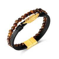 PU Leather Cord Bracelets, with Tiger Eye & 304 Stainless Steel, Feather, Vacuum Ion Plating, vintage & for man mm 