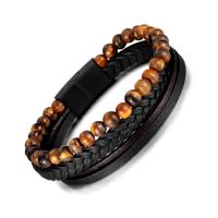 PU Leather Cord Bracelets, with Tiger Eye & 304 Stainless Steel, Vacuum Ion Plating, vintage & for man, 13mm mm 