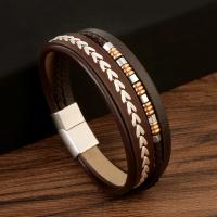 PU Leather Cord Bracelets, with 304 Stainless Steel, Vacuum Ion Plating, vintage & for man, coffee color .5 cm [