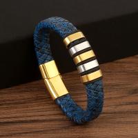 PU Leather Cord Bracelets, with 304 Stainless Steel, Vacuum Ion Plating, vintage & for man, acid blue .5 cm 