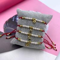 Plastic Pearl Bracelets, with Knot Cord & Brass & Zinc Alloy, gold color plated, Adjustable & fashion jewelry & Unisex & with rhinestone Approx 28 cm 