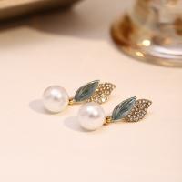 Plastic Pearl Zinc Alloy Earring, with Plastic Pearl, Leaf, fashion jewelry & for woman & with rhinestone 