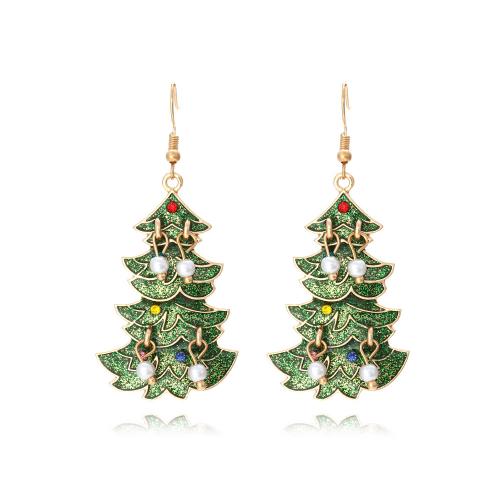 Christmas Earrings, Zinc Alloy, with Plastic Pearl, Christmas Tree, gold color plated, fashion jewelry & for woman & enamel & with rhinestone, green 