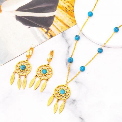 Evil Eye Jewelry Set, Titanium Steel, with turquoise, with 2.09inch extender chain, Vacuum Ion Plating, fashion jewelry & for woman, golden Approx 15.75 Inch 