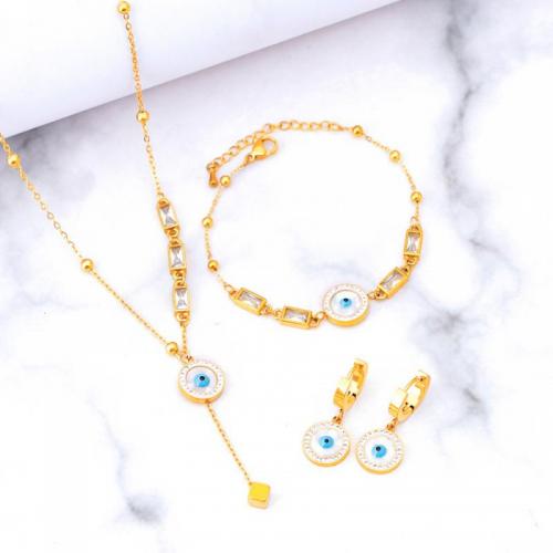 Evil Eye Jewelry Set, Titanium Steel, with White Shell, Vacuum Ion Plating & for woman & with rhinestone, golden 