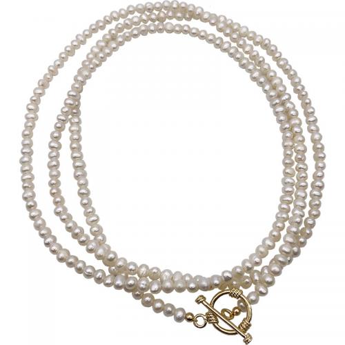 Freshwater Pearl Brass Necklace, with Brass, Slightly Round, real gold plated, fashion jewelry & for woman, white Approx 108 cm 