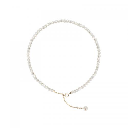 Freshwater Pearl Brass Necklace, with Brass, Slightly Round, fashion jewelry & for woman, white 