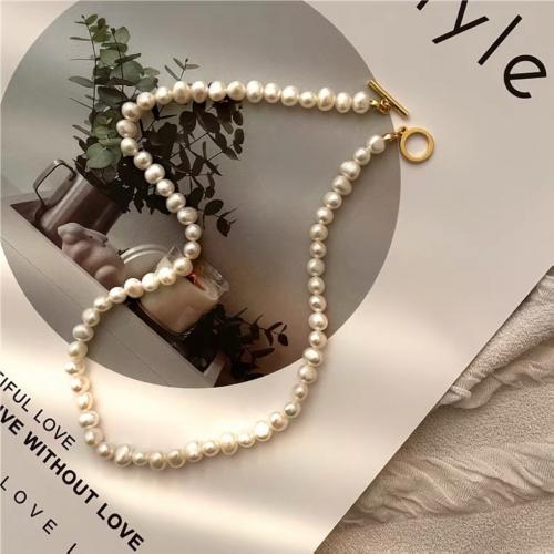 Freshwater Pearl Brass Necklace, with Brass, fashion jewelry & for woman, white Approx 38 cm 